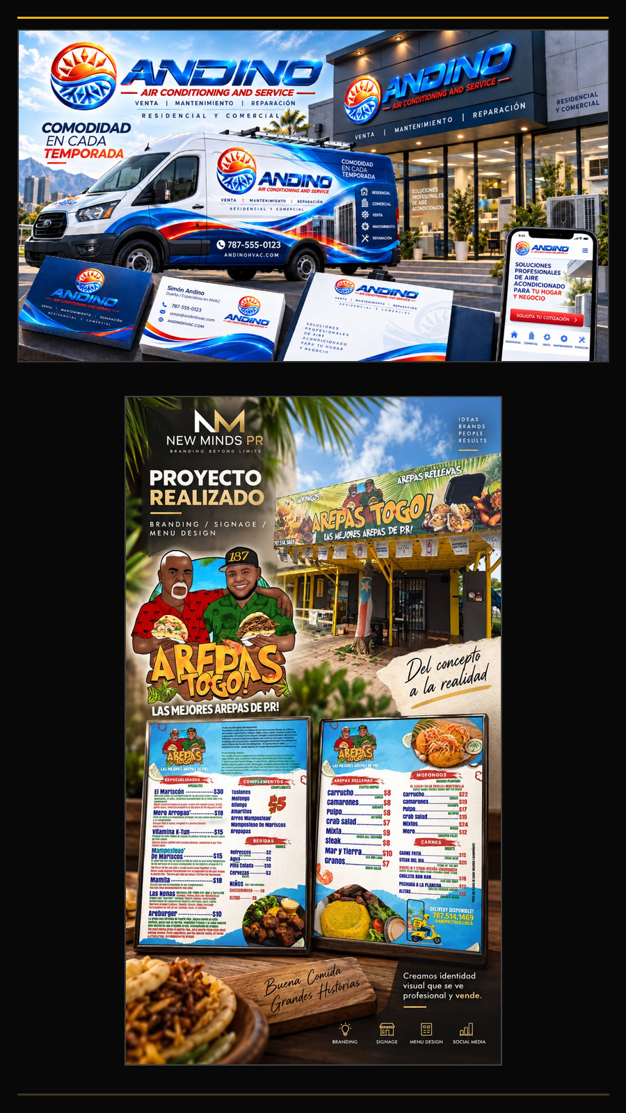 Proyectos de identidad visual realizados por New Minds para Andino HVAC y Arepas To Go