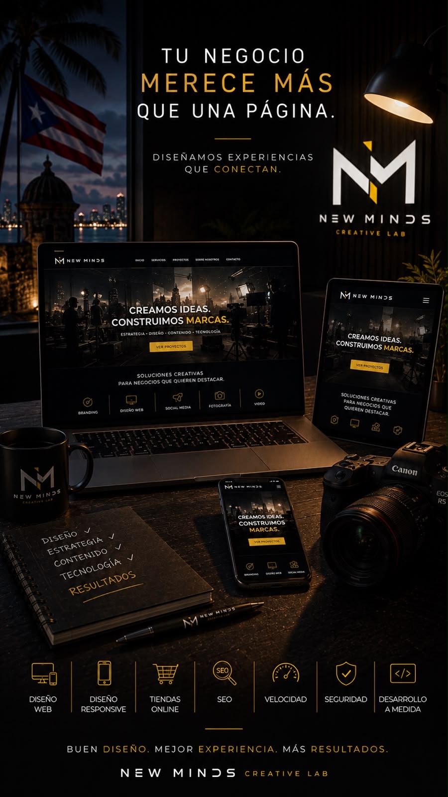 Experiencia web responsive de New Minds en laptop, tablet y teléfono